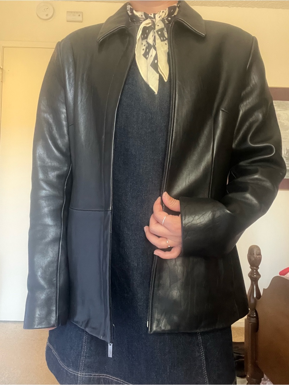 Women's Black Leather Zip Jacket - Classic Collared Coat
